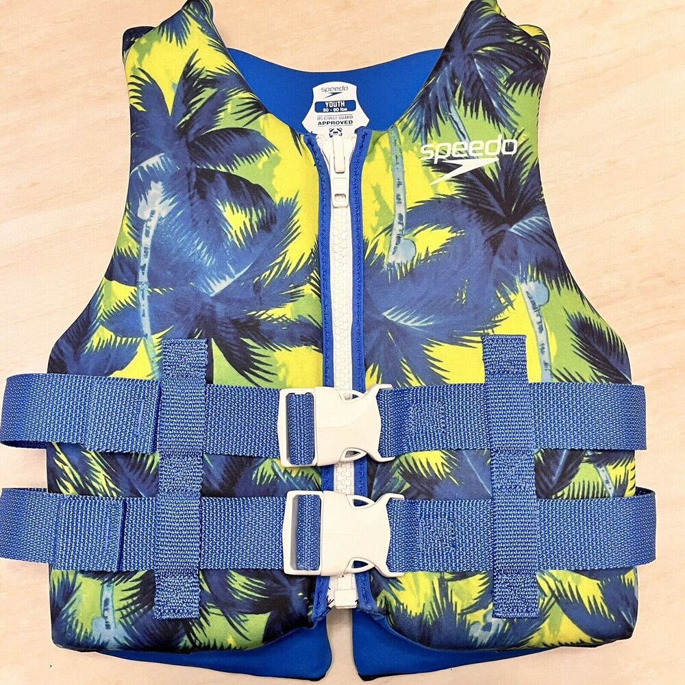 Speedo Youth Aquaprene Life Vest Blue Palm Trees Green 50-90lbs